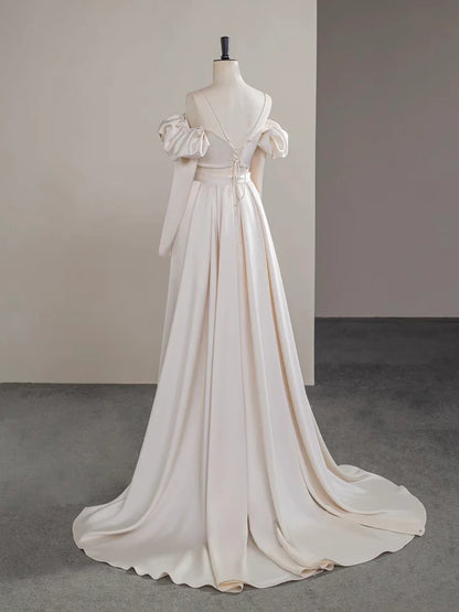 A-Line Two Pieces Satin Champagne Long Prom Dress, Champagne Long Formal Dress ED034