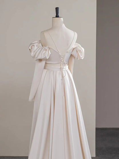 A-Line Two Pieces Satin Champagne Long Prom Dress, Champagne Long Formal Dress ED034