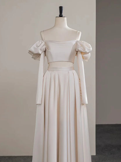 A-Line Two Pieces Satin Champagne Long Prom Dress, Champagne Long Formal Dress ED034