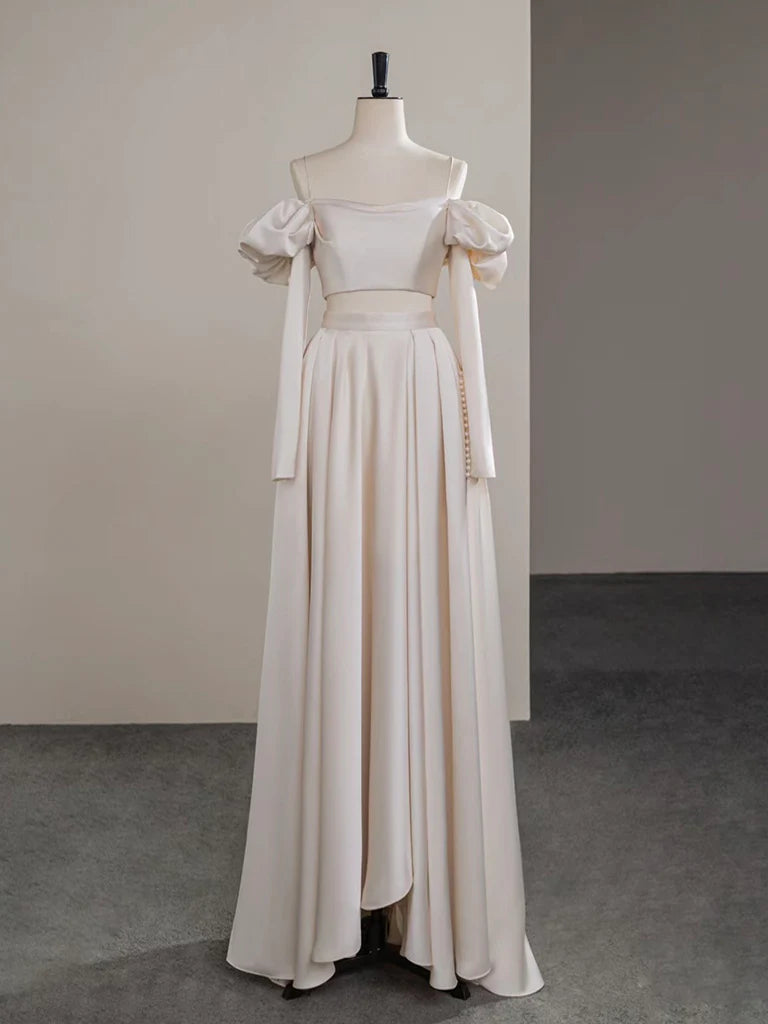 A-Line Two Pieces Satin Champagne Long Prom Dress, Champagne Long Formal Dress ED034