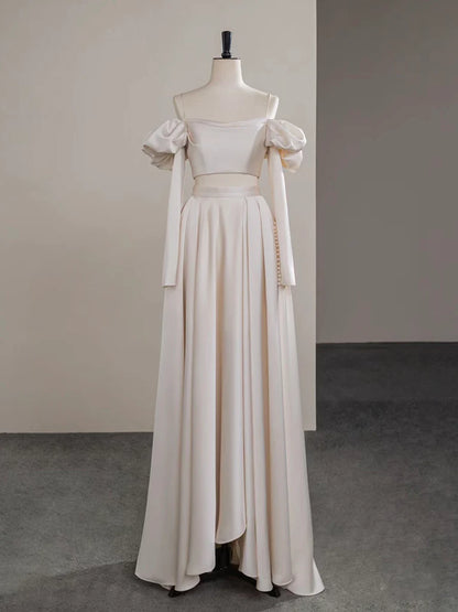 A-Line Two Pieces Satin Champagne Long Prom Dress, Champagne Long Formal Dress ED034