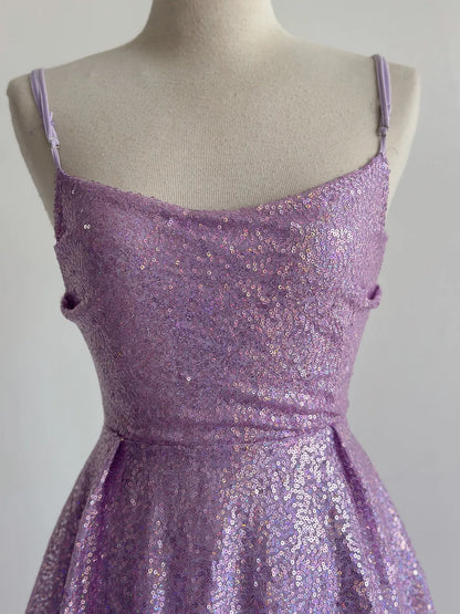 Glitter Lilac Spaghetti Straps A-Line Tulle Sequin Short Vintage Prom Dresses ED03403