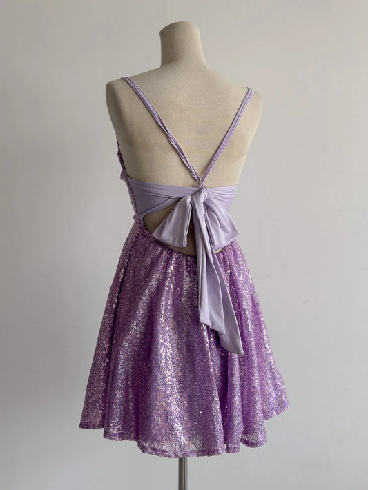 Glitter Lilac Spaghetti Straps A-Line Tulle Sequin Short Vintage Prom Dresses ED03403