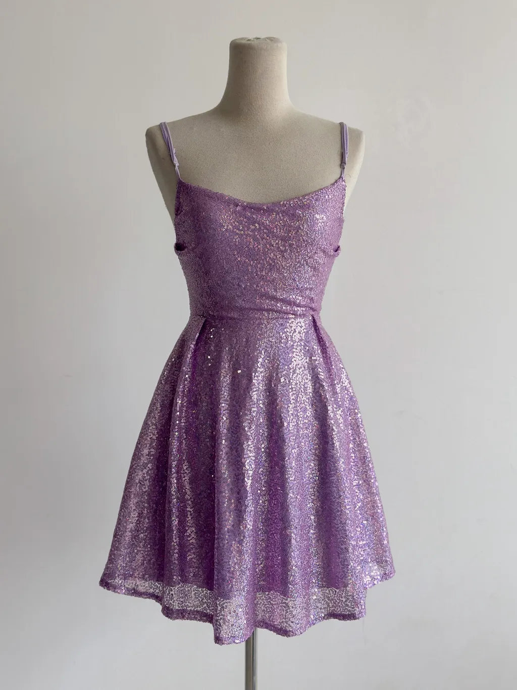 Glitter Lilac Spaghetti Straps A-Line Tulle Sequin Short Vintage Prom Dresses ED03403