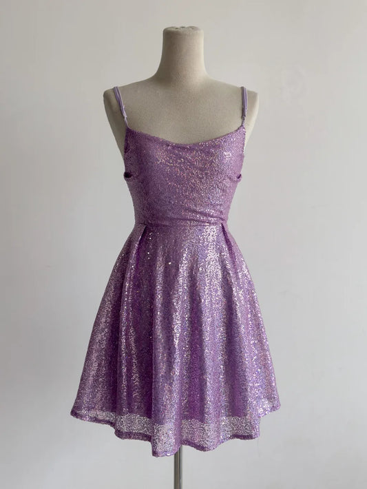 Glitter Lilac Spaghetti Straps A-Line Tulle Sequin Short Vintage Prom Dresses ED03403