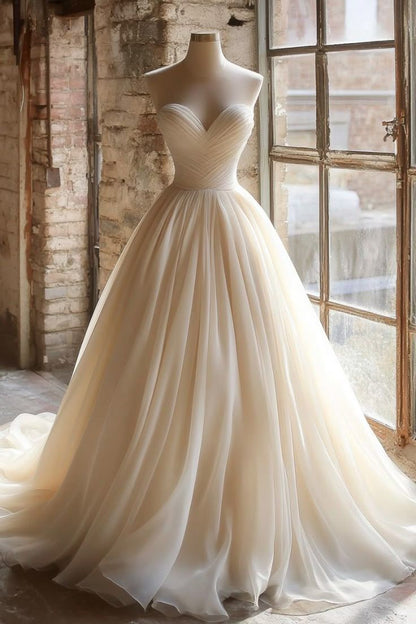 Simple Light Champagne Sweetheart Neck A-Line Chiffon Long Wedding Dress ED03424