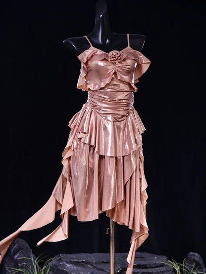Classic Rose Gold Pink Spaghetti Straps Sheath Satin Short Prom Dresses Birthday Party Dress ED03426