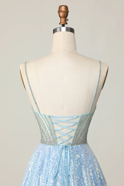 Sparkly Light Blue  A Line V Neck Sequins Homecoming Dress Short Sweet Birthday Dress ED03431