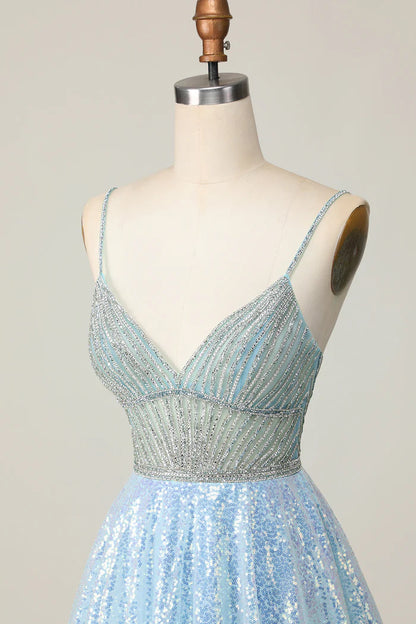 Sparkly Light Blue  A Line V Neck Sequins Homecoming Dress Short Sweet Birthday Dress ED03431