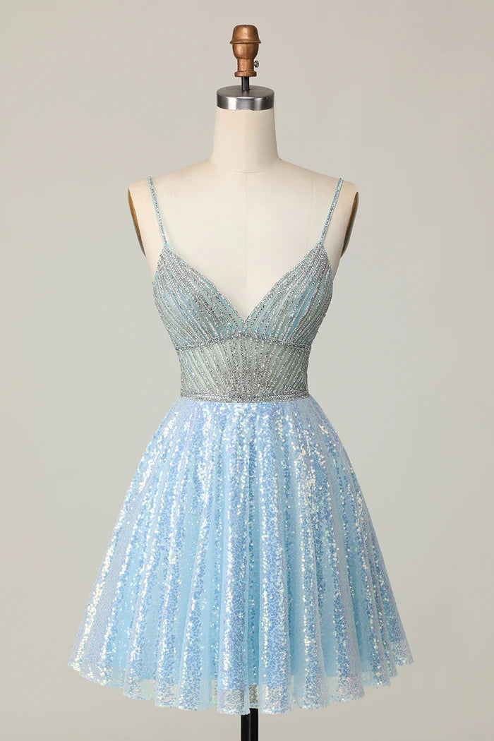 Sparkly Light Blue  A Line V Neck Sequins Homecoming Dress Short Sweet Birthday Dress ED03431