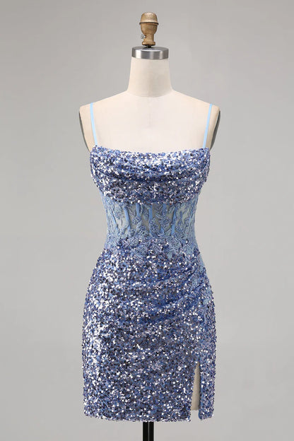 Sparkly Dusty Blue Spaghetti Strap Bodycon Sequin Short Homecoming Dress with Slits ED03443