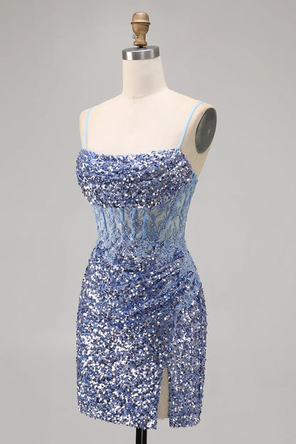 Sparkly Dusty Blue Spaghetti Strap Bodycon Sequin Short Homecoming Dress with Slits ED03443