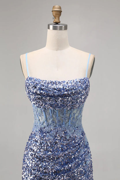 Sparkly Dusty Blue Spaghetti Strap Bodycon Sequin Short Homecoming Dress with Slits ED03443