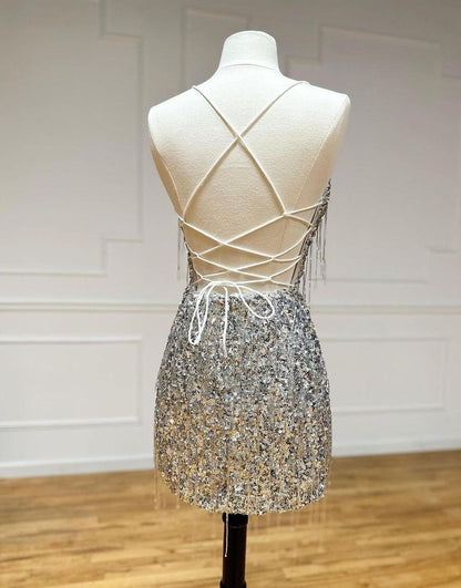 Sexy Silver V-neck Bodycon Sequin Short Party Dress Backless Homecoming Dress with Tassels ED03444
