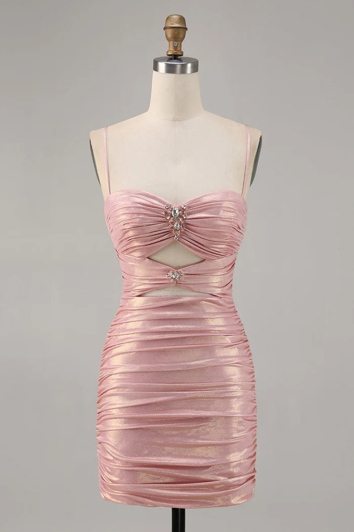 Sexy Pink Spaghetti Strap Bodycon Glitter Satin Backless Short Birthday Dress, Homecoming Dress ED03445