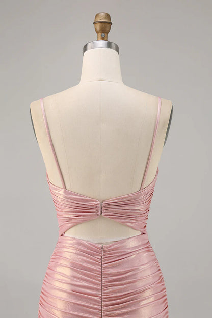 Sexy Pink Spaghetti Strap Bodycon Glitter Satin Backless Short Birthday Dress, Homecoming Dress ED03445