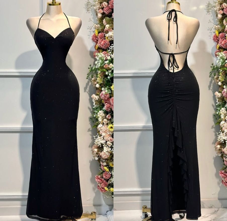 Sexy Black Halter Mermaid Chiffon Backless Evening Dress Outdoor Party Dress ED03459