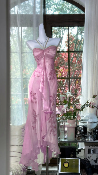 Superbe robe de soirée longue en satin fuchsia, style sirène, sans bretelles, ED02613