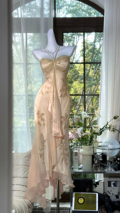 Superbe robe de soirée longue en satin fuchsia, style sirène, sans bretelles, ED02613