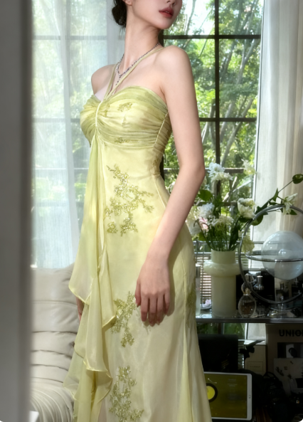 Vintage Halter  Sheath Chiffon Beaded Formal Dresses, Light Green Long Prom Dresses ED03464