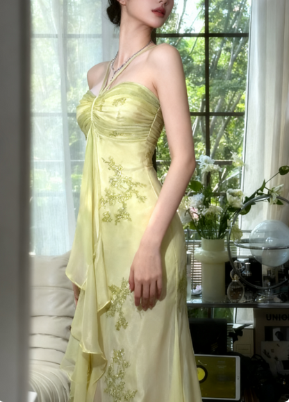Vintage Halter  Sheath Chiffon Beaded Formal Dresses, Light Green Long Prom Dresses ED03464