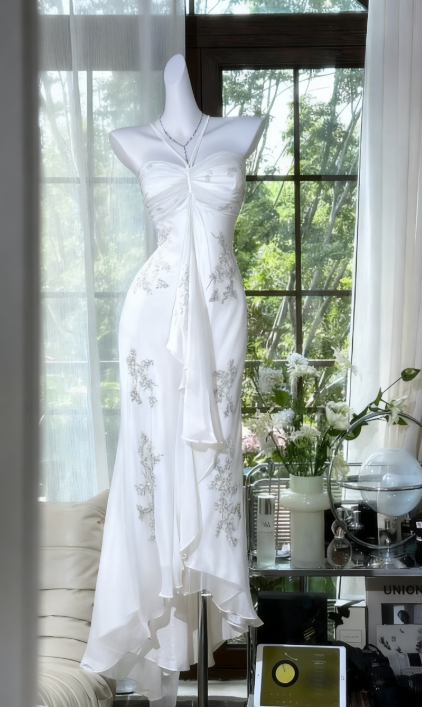 Vintage Halter  Sheath Chiffon Beaded Formal Dresses, Light Green Long Prom Dresses ED03464