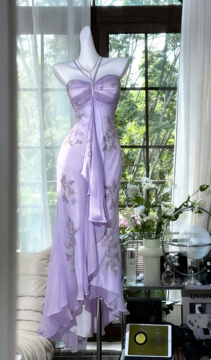 Vintage Halter  Sheath Chiffon Beaded Formal Dresses, Light Green Long Prom Dresses ED03464