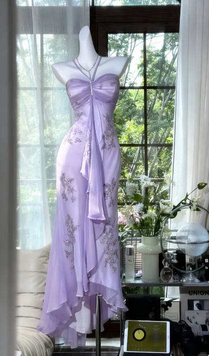 Vintage Halter  Sheath Chiffon Beaded Formal Dresses, Light Green Long Prom Dresses ED03464