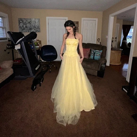 Sweet Butter Yellow Strapless Corset Tulle Long Prom Dresses Sweet 16 Dresses ED03466