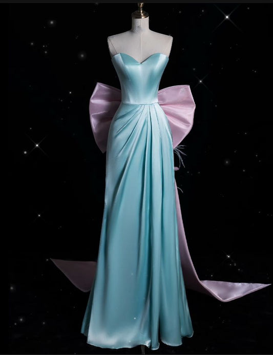 Superbe robe de soirée longue en satin fuchsia, style sirène, sans bretelles, ED02613