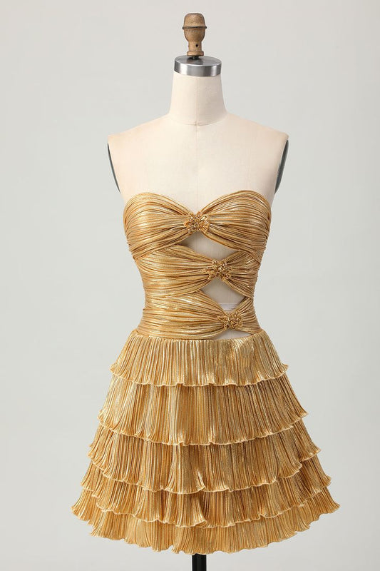 Classic Gold Strapless A-Line Tiered Satin Short Prom Dresses Glitter Homecoming Dress ED03485