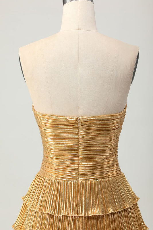 Classic Gold Strapless A-Line Tiered Satin Short Prom Dresses Glitter Homecoming Dress ED03485