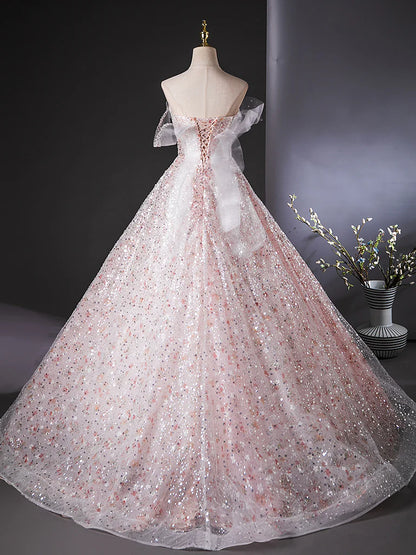 A-Line Tulle Lace Sequin Pink Long Prom Dress, Pink Long Graduation Dress ED035