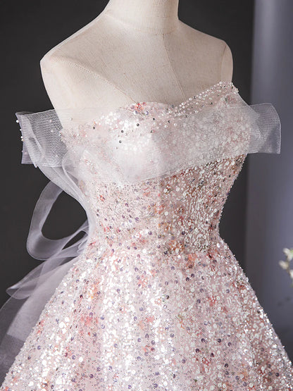 A-Line Tulle Lace Sequin Pink Long Prom Dress, Pink Long Graduation Dress ED035