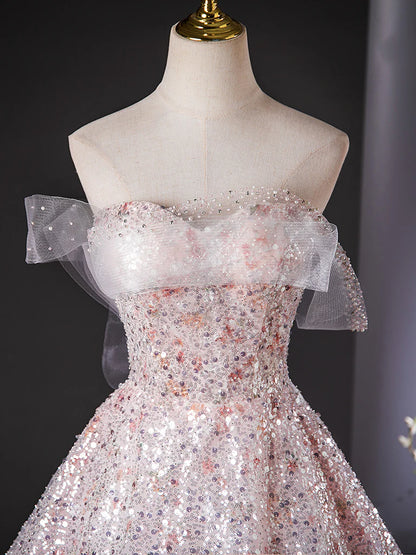 A-Line Tulle Lace Sequin Pink Long Prom Dress, Pink Long Graduation Dress ED035