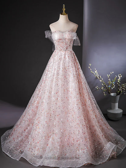 A-Line Tulle Lace Sequin Pink Long Prom Dress, Pink Long Graduation Dress ED035