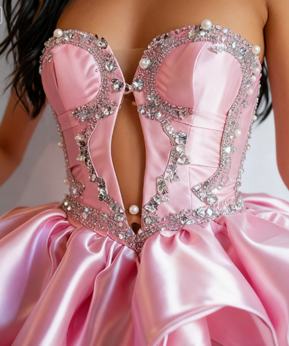 Gorgeous Pink Sweetheart Neck A-Line Satin Beaded Short Homecoming Dress ED03504