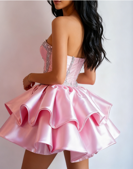 Gorgeous Pink Sweetheart Neck A-Line Satin Beaded Short Homecoming Dress ED03504