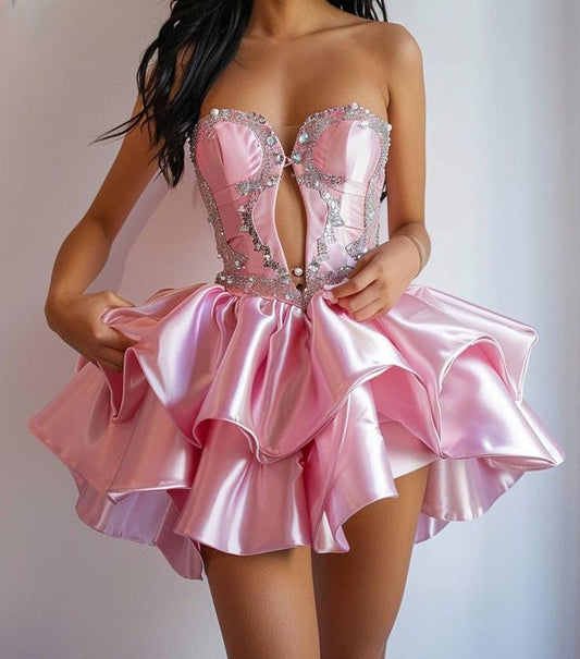 Gorgeous Pink Sweetheart Neck A-Line Satin Beaded Short Homecoming Dress ED03504