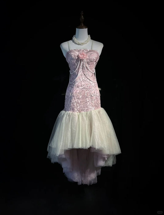 Vintage Pink Strapless Sheath Tulle Embroidery Short Evening Dress ED03521