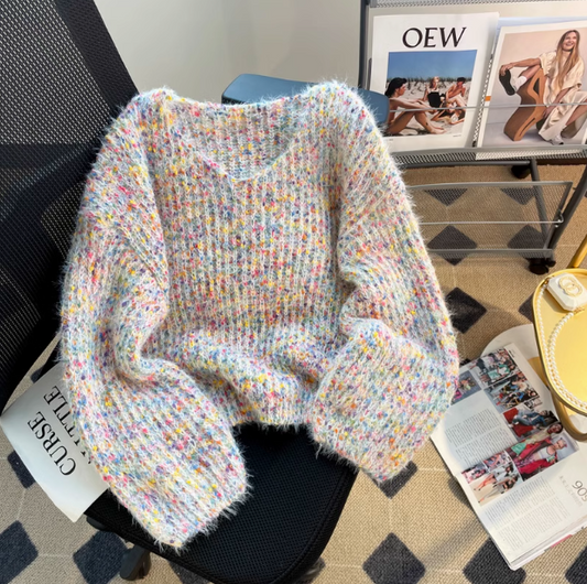 Gentle colorful V-neck lantern sleeve sweater ED0352