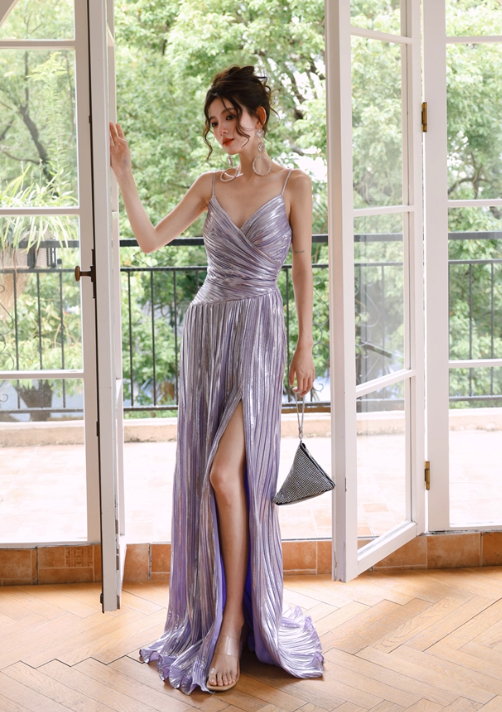 Sparkly Purple A-Line Long Prom Dresses Spaghetti Straps Slit Formal Dress ED03541