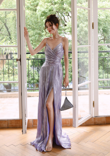 Sparkly Purple A-Line Long Prom Dresses Spaghetti Straps Slit Formal Dress ED03541