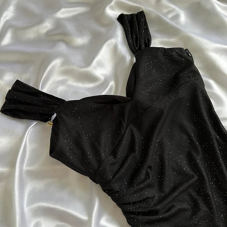 Glitter Black Sweetheart Neck Bodycon Birthday Dresses Ruffle Chiffon Formal Dresses Party Dress ED03551