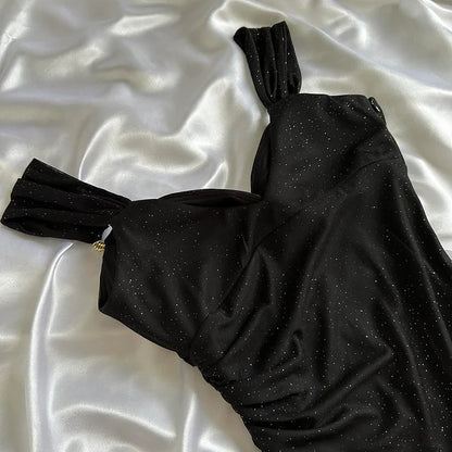 Glitter Black Sweetheart Neck Bodycon Birthday Dresses Ruffle Chiffon Formal Dresses Party Dress ED03551