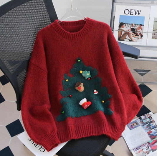 Christmas atmosphere red round neck knitted sweater ED0356