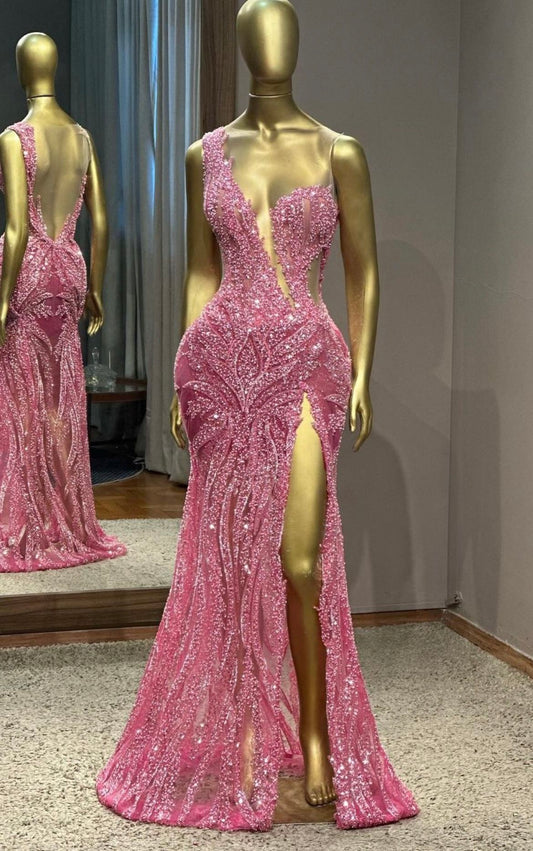 Superbe robe de soirée longue en satin fuchsia, style sirène, sans bretelles, ED02613