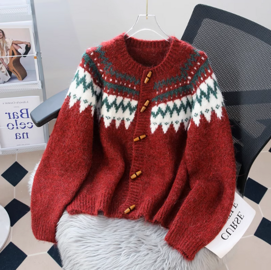 Vintage Horn Button Fair Isle Thick Knit Cardigan ED0359