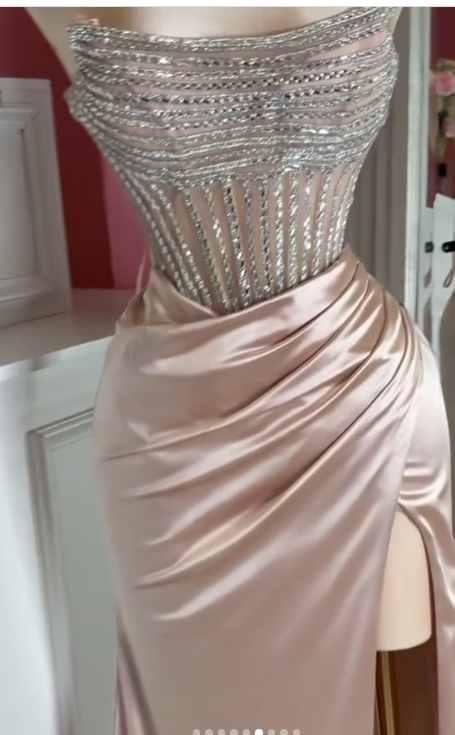 Superbe robe de soirée longue en satin fuchsia, style sirène, sans bretelles, ED02613