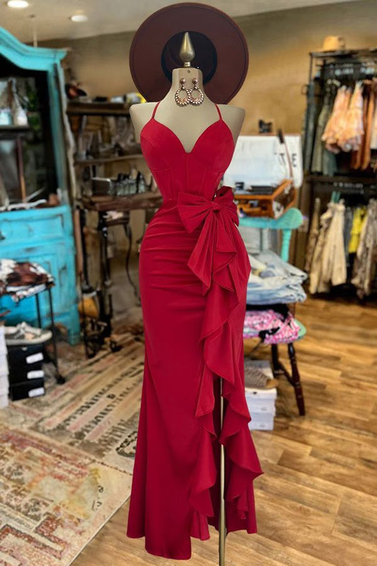 Superbe robe de soirée longue en satin fuchsia, style sirène, sans bretelles, ED02613